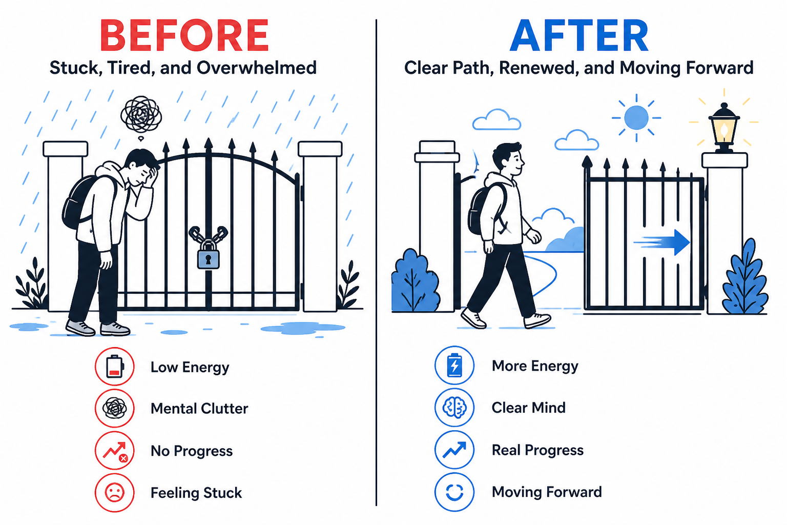 Before and after: the same gate, one locked in rain, one opening on its own